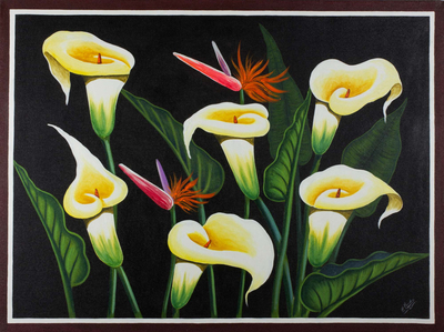 Floral Painting of Calla Lilies and Birds of Paradise Signed