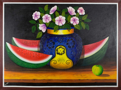 'Blumen und Wassermelone' - Stillleben-Gemälde von Wassermelone und Blumen Guatemala-Kunst