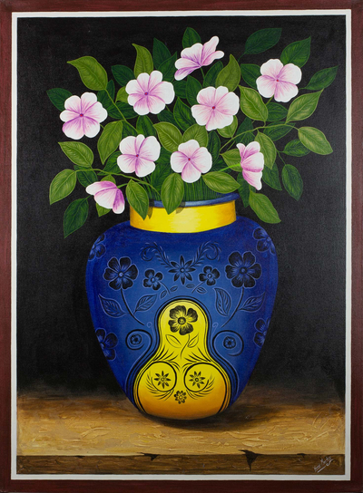 Guatemalan Still Life Painting of Flowers in a Blue Vase