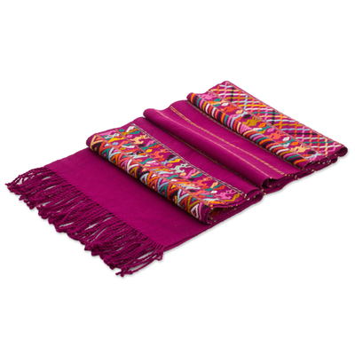 Cotton table runner, 'Natural Magic in Magenta' - Guatemalan Hand Woven Embroidered Cotton Table Runner