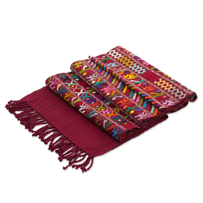 Cotton table runner, 'Natural Magic in Claret' - Embroidered Cotton Table Runner in Claret from Guatemala