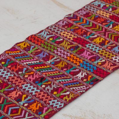 Cotton table runner, 'Natural Magic in Claret' - Embroidered Cotton Table Runner in Claret from Guatemala