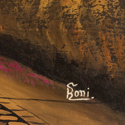„San Francisco in Sepia“ – Nostalgisches Ölgemälde von Antigua in Sepia und Fuchsia