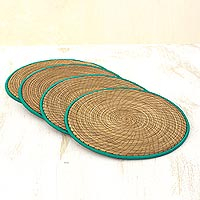 Pine needle placemats, 'Latin Mealtime in Green' (set of 4) - Pine Needle Polyester Green Placemats (Set of 4) Guatemala