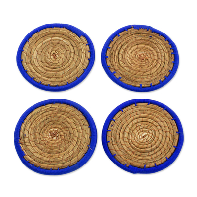 Pine needle coasters, 'Latin Toast in Blue' (set of 4) - Pine Needle Polyester Blue Coasters (Set of 4) Guatemala