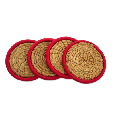 Pine Needle Polyester Red Coasters (Set of 4) Guatemala