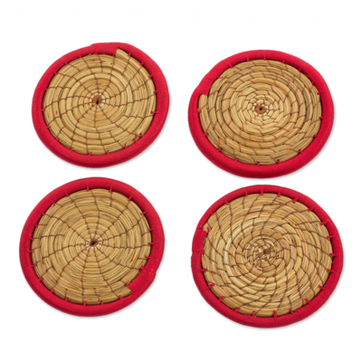 Pine needle coasters, 'Latin Toast in Red' (set of 4) - Pine Needle Polyester Red Coasters (Set of 4) Guatemala
