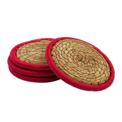 Pine needle coasters, 'Latin Toast in Red' (set of 4) - Pine Needle Polyester Red Coasters (Set of 4) Guatemala