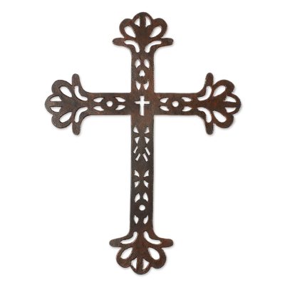 Iron wall cross, 'Walk With Jesus' - Iron Wall Decor of an Antiqued Cross from Guatemala