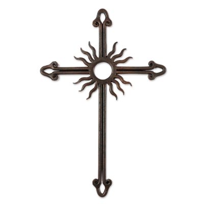 Iron wall cross, 'Antiqued Solar Cross' - Antiqued Iron Wall Decor Sun Cross from Guatemala