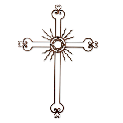 Iron wall cross, 'Light of the Path' - Openwork Sun Cross Antiqued Iron from Guatemala
