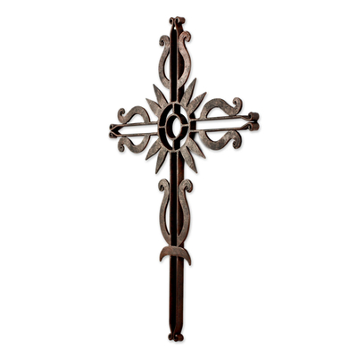 Iron wall cross, 'Flowering Love' - Antiqued Iron Wall Decor Cross from Guatemala