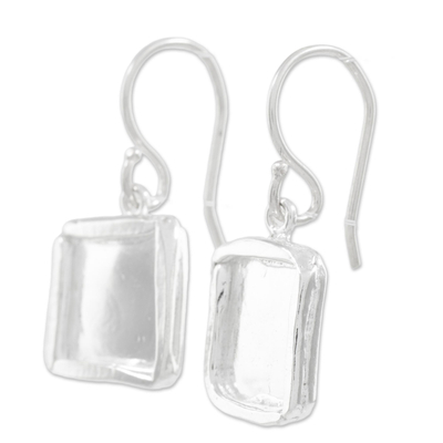 Fine silver dangle earrings, 'Shimmering Squares' - Fine Silver Dangle Earrings with Combination Finish