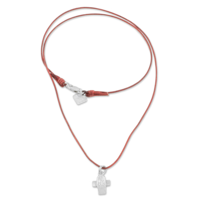 Fine silver pendant necklace, 'Spiritual Inspiration' - Fine Silver Cross Pendant Necklace wth Cord from Guatemala