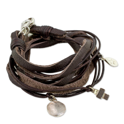 Fine silver and leather wrap bracelet, 'Stellar Imprint' - Leather Fine Silver Wrap Charm Bracelet from Guatemala