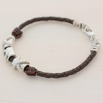 Silver and leather wristband bracelet, 'Silver Love in Brown' - 999 Silver Brown Pendant Wristband Bracelet from Guatemala
