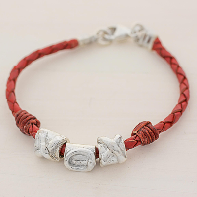 Silver and leather wristband bracelet, Silver Love in Red