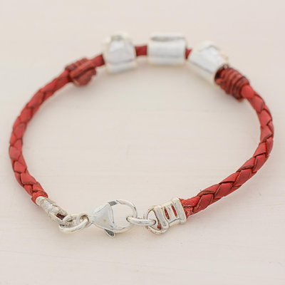 Silver and leather wristband bracelet, 'Silver Love in Red' - 999 Silver Red Leather Pendant Wristband Bracelet Guatemala