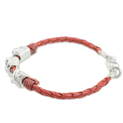 Silver and leather wristband bracelet, 'Silver Love in Red' - 999 Silver Red Leather Pendant Wristband Bracelet Guatemala