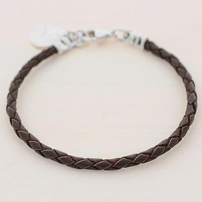 Fine silver and leather wristband bracelet, Walk of Life in Brown