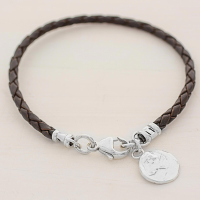 Fine silver and leather wristband bracelet, 'Walk of Life in Brown' - Fine Silver Brown Leather Charm Wristband Bracelet Guatemala