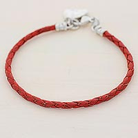 Silver and leather wristband bracelet, 'Walk of Life in Red'