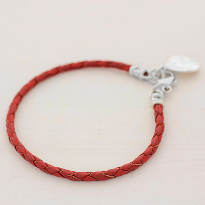 Silver and leather wristband bracelet, 'Walk of Life in Red' - 999 Silver Red Leather Charm Wristband Bracelet Guatemala