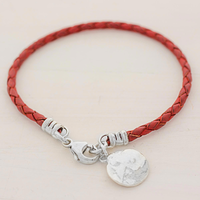 Armband aus Silber und Leder - Charm-Armband aus 999er-Silber, rotes Leder, Guatemala