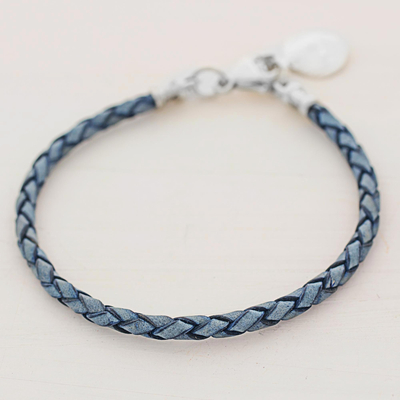 Silver and leather wristband bracelet, 'Walk of Life in Blue' - 999 Silver Blue Leather Charm Wristband Bracelet Guatemala