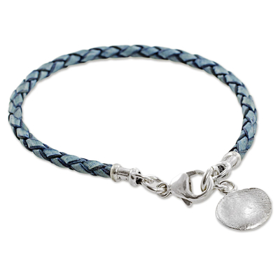 Silver and leather wristband bracelet, 'Walk of Life in Blue' - 999 Silver Blue Leather Charm Wristband Bracelet Guatemala