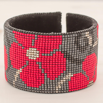 Glass beaded leather cuff bracelet, Red Maya Blossoms