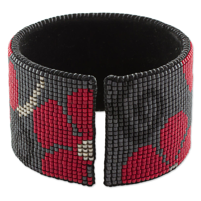 Glass beaded leather cuff bracelet, 'Red Maya Blossoms' - Glass Beaded Red Floral Cuff Bracelet with Leather