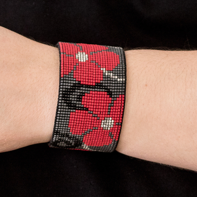 Glass beaded leather cuff bracelet, 'Red Maya Blossoms' - Glass Beaded Red Floral Cuff Bracelet with Leather