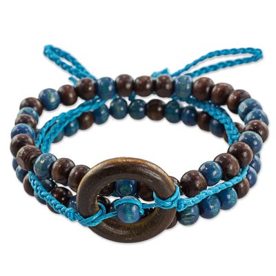 Wood and cotton beaded bracelets, 'Ring of Serenity' (set of 3) - Set of 3 Brown and Blue Guatemalan Beaded Wood Bracelets