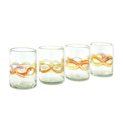 Blown juice glasses, 'Orange Reefs' (set of 4) - Hand Blown Recycled Juice Glasses (Set of 4) from Guatemala