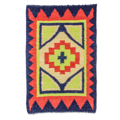 Wool area rug, 'Fiery Star' - Guatemalan Hand Woven Wool Area Rug in Poppy and Midnight