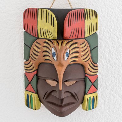 Máscara de madera - Máscara de pared de madera maya hecha a mano con pájaro Quetzal guatemalteco