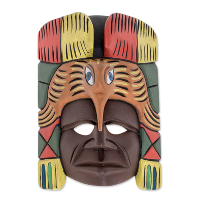 Wood mask, 'Enchanted Quetzal' - Handmade Mayan Wood Wall Mask with Guatemalan Quetzal Bird