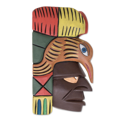 Máscara de madera - Máscara de pared de madera maya hecha a mano con pájaro Quetzal guatemalteco