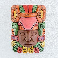 Wood wall mask, 'Mayan King' - Hand Carved Painted Mayan Wood Wall Mask from Guatemala