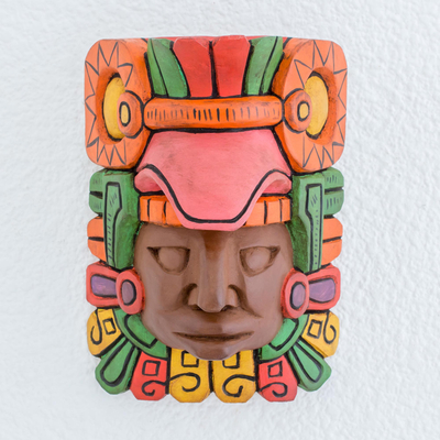 Wood wall mask, 'Mayan King' - Hand Carved Painted Mayan Wood Wall Mask from Guatemala