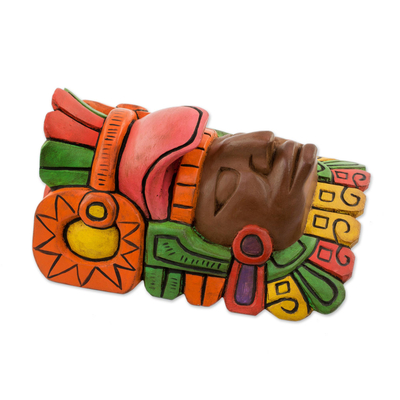 Holzwandmaske 'Maya-König' - Guatemaltekische handgeschnitzte bemalte Maya-Wandmaske aus Holz