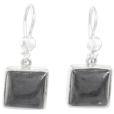 Jade dangle earrings, 'Mayan Eternity' - Handcrafted Silver and Dark Green Guatemalan Jade Earrings