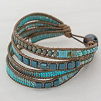 Glass beaded wristband bracelet, 'Celestial Valley' - Hand Made Glass Bead Wristband Bracelet Blue from Guatemala