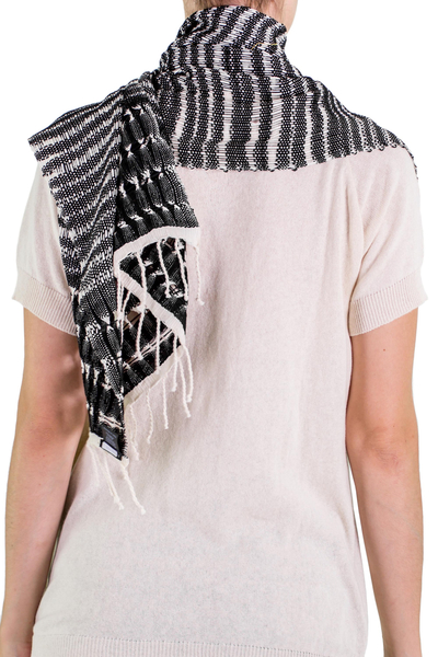 Cotton scarf, 'Dark Roads Found' - Artisan Designed and Crafted Cotton Scarf in Black