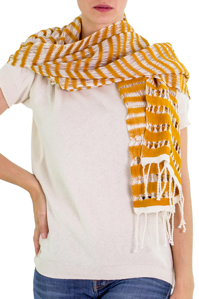 Cotton scarf, 'Amber Roads Found' - Hand Woven Striped Cotton Scarf in Eggshell and Amber