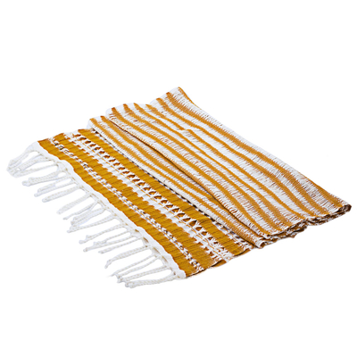 Cotton scarf, 'Amber Roads Found' - Hand Woven Striped Cotton Scarf in Eggshell and Amber
