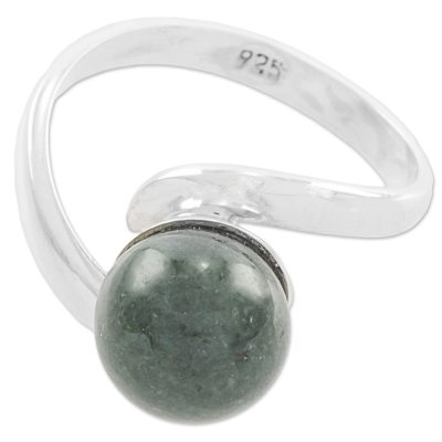 Jade single stone ring, 'Mayan Planet' - Handcrafted Guatemalan Jade and Sterling Silver Ring