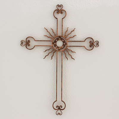Iron wall cross, 'Light of the Path in Copper' - Iron Wall Decor Antiqued Cross Copper Color from Guatemala