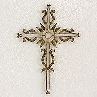 Iron cross, 'Flowering Love in Brass' - Iron Wall Decor Antiqued Cross Brass Color from Guatemala